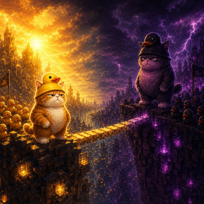 A fantasy digital artwork depicting two opposing cats on pixelated block fortresses, an orange cat with a yellow rubber duck on its head surrounded by ducklings against a golden sunset, and a dark gray cat with a black duck on its head surrounded by dark ducks against a stormy purple sky.