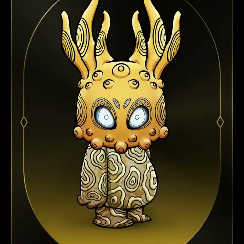A stylized golden digital illustration of a mystical creature with antler-like protrusions, large glowing eyes, and a body covered in wood-grain or topographic patterns.