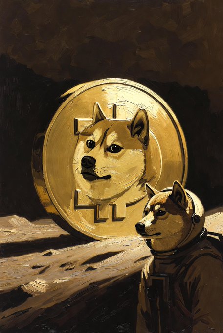 Artistic painting in Van Gogh's style showing a Dogecoin (DOGE) coin with a Shiba Inu face on the lunar surface, accompanied by a small dog wearing a space helmet.