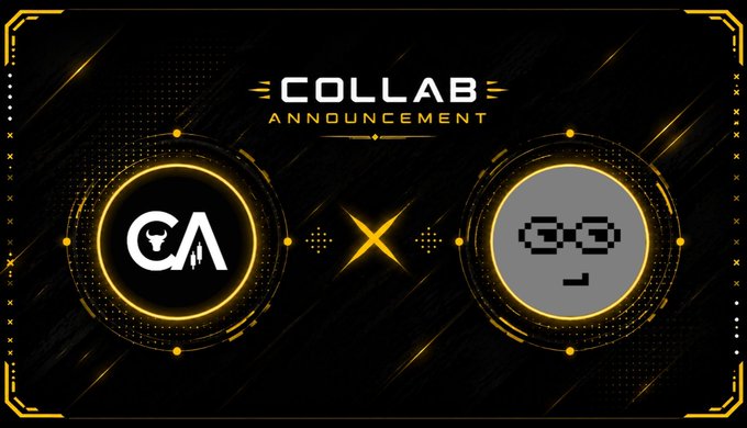 A digital graphic announces a 'COLLAB' with 'COLLAB ANNOUNCEMENT' text, featuring a 'CA' logo on the left and a gray smiley face pixel icon on the right, separated by a glowing 'X'.