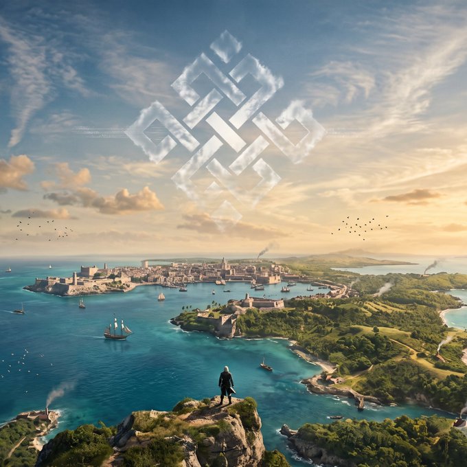 A fantasy aerial view of a coastal city with ships, a figure standing on a cliff, and a glowing geometric symbol in the sky.