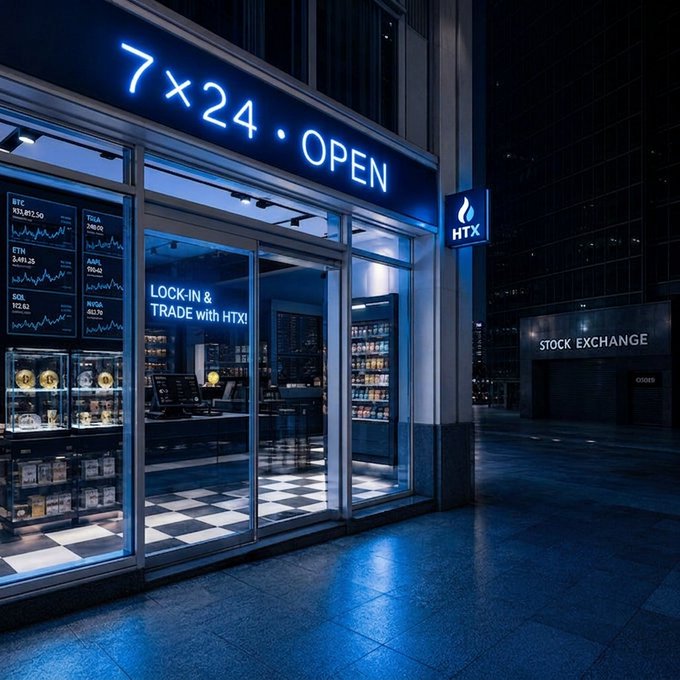 A brightly lit HTX storefront displays "7×24 OPEN" and "LOCK-IN & TRADE with HTX!" alongside digital screens showing real-time stock tickers (BTC, ETH, SOL, NVDA), with a "STOCK EXCHANGE" building visible in the background. The image visually reinforces the post's message by depicting a crypto exchange operating around the clock and bridging traditional finance with crypto through 24/7 perpetual futures trading.