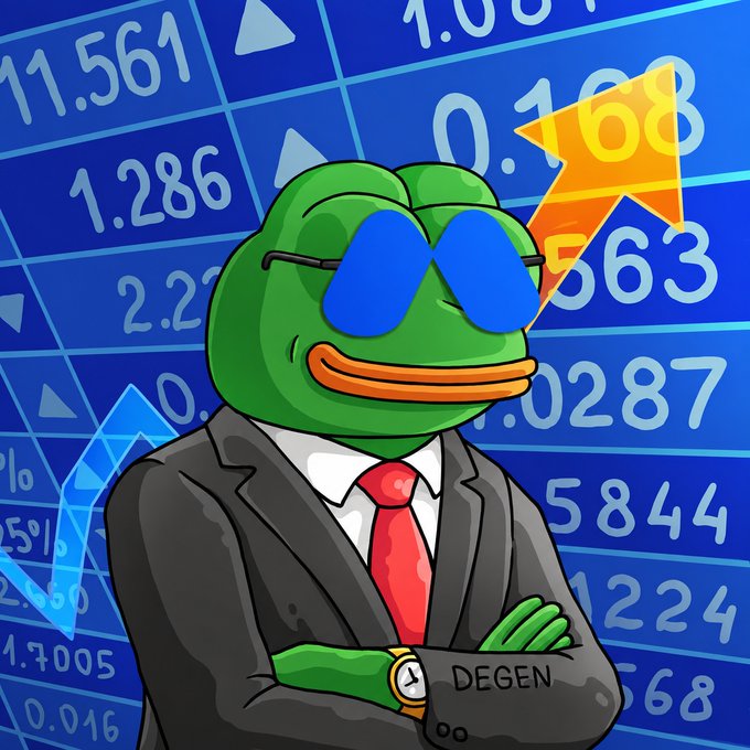 A cartoon Pepe the Frog character wearing sunglasses, a red tie, and a suit with 'DEGEN' written on it, standing with crossed arms against a blue background filled with stock market numbers and an orange upward arrow.