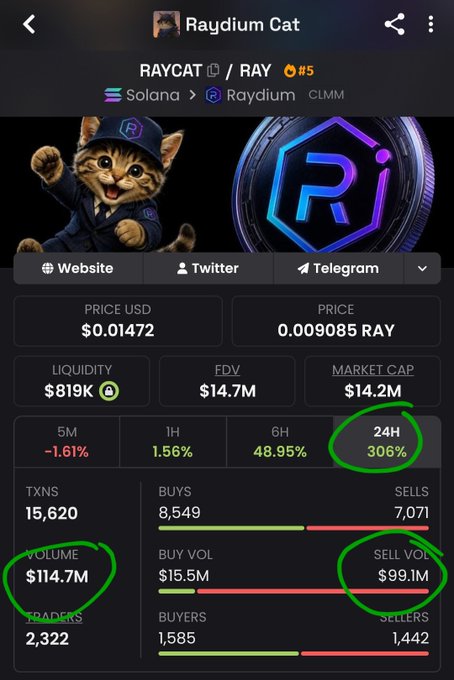 The image shows a DEX screen for Raydium Cat (RAYCAT/RAY), the #5 token on Solana/Raydium, priced at $0.01472 with a $14.2M market cap. Key statistics circled in green highlight a 306% 24H price surge, $114.7M trading volume, $99.1M sell volume against only $15.5M buy volume, and 2,322 traders — visually confirming the poster's confusion over how RAYCAT's price could jump 400% when sell volume (~$100M) dwarfs buy volume (~$15.5M) by roughly 7:1.