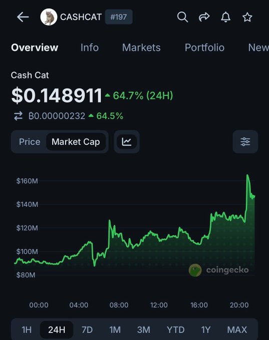 A CoinGecko mobile screenshot shows Cash Cat ($CASHCAT) at #197 with a 24-hour price increase of 64.7% to $0.148911, and a market cap chart spiking above $160M before settling near $140M, visually confirming its return to the top 200 cryptocurrencies as cited in the post.