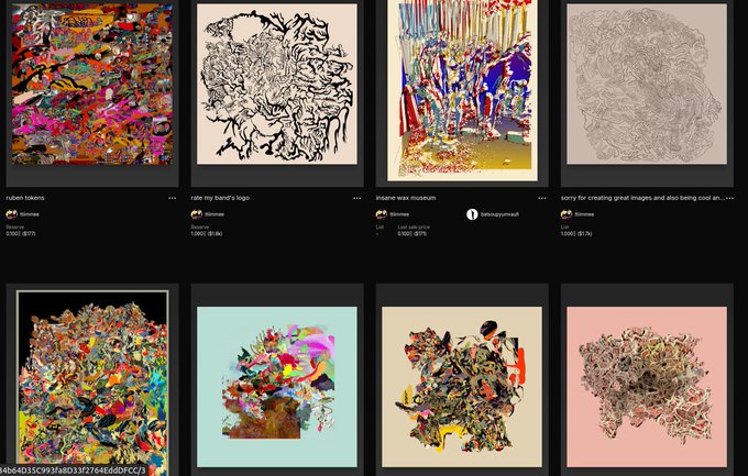 A gallery grid showing multiple generative/AI artworks with titles like "ruben tokars", "rate my band's logo", "interior wale museum", and "sorry for creating great images..."