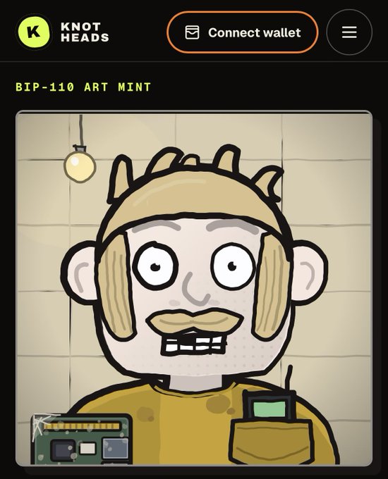 A screenshot of a Knot Heads webpage featuring a 'BIP-110 ART MINT' cartoon character with blonde hair, a mustache, and electronic components, alongside a 'Connect wallet' button.