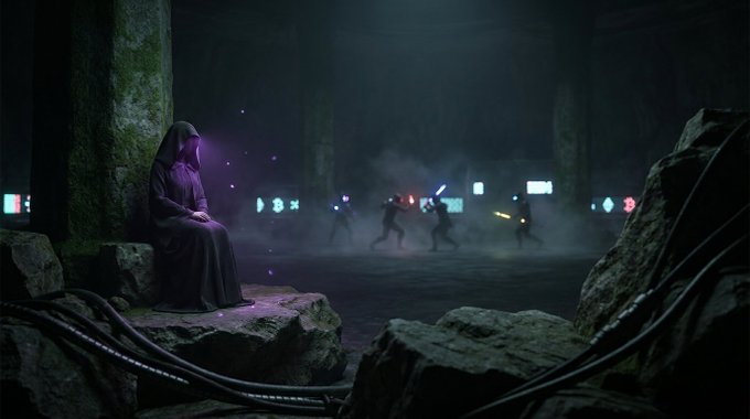 A hooded figure sits on a rock in a dark, cavernous space while figures with weapons battle in the background.