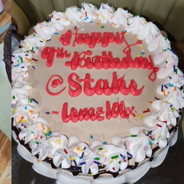 A festive birthday cake decorated with white frosting, colorful sprinkles, and pink icing spelling "Happy 9th Birthday Stake - Love You" sits on a wooden surface, celebrating the online casino's 9th anniversary as mentioned in the accompanying post.