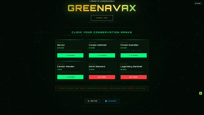 The image shows a screenshot of the GreenVax website, likely from a contest where users are encouraged to claim Conservation ranks for their projects or activities. The website displays various options such as "Spud", "Carsons", "Ethanol", and "Earth Guardian". To participate in this contest, one must claim "Carbon Warden" rank on the GreenVax webpage by clicking on the relevant button in the lower left corner of the image.