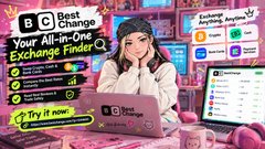 A promotional advertisement featuring an anime-style woman with dark hair at a laptop, with text promoting 'BC Best Chance: Your All-in-One Exchange Finder' and 'Try it now'.