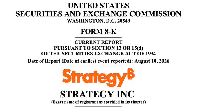 An SEC Form 8-K current report from Strategy Inc (formerly MicroStrategy), dated August 10, 2026, featuring the company's orange "Strategy" logo with Bitcoin symbol. The image relates to the accompanying post about Strategy's recent Bitcoin sales, as it documents a regulatory filing reporting material corporate activity for the publicly traded company.