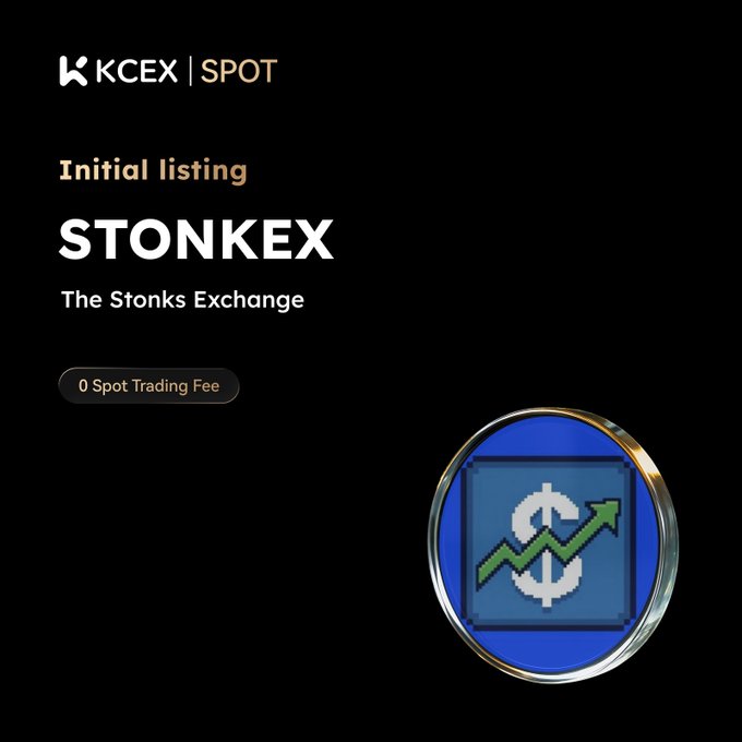 A KCEX Spot exchange listing announcement for STONKEX (The Stonks Exchange) with 0 Spot Trading Fee, featuring a blue coin logo with a dollar sign and upward green arrow.