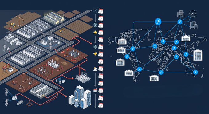 An isometric illustration depicting data infrastructure—left side shows factories, warehouses, and power generation flowing through calendar timelines into data centers, while the right side displays a global network map with nodes labeled "fx" (Filecoin) and "AI" interconnected across continents. The image visually reinforces the post's message about Western Digital's $3.75 billion Q4 revenue (89% from cloud customers) by illustrating how decentralized storage capacity like Filecoin was deployed ahead of the hyperscaler-driven price surge.