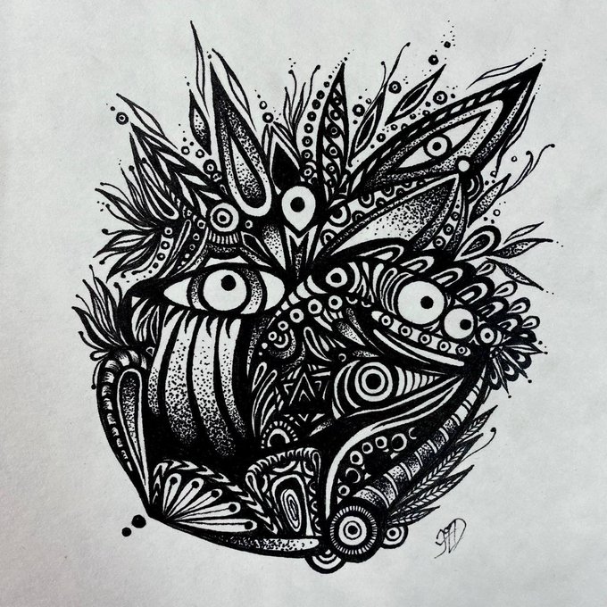 An intricate black and white ink illustration of a stylized face filled with swirling eyes, feathers, and decorative patterns.
