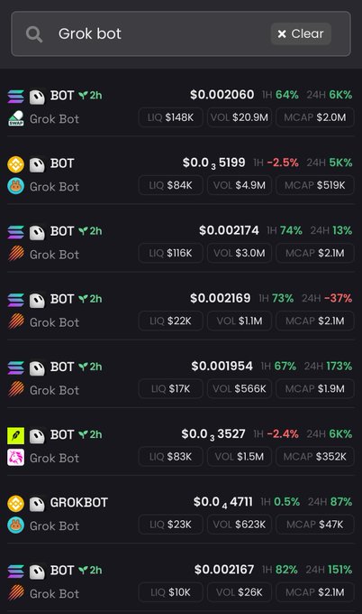 The image shows a list of various "Grok Bot" meme coins on a trading platform (likely Axiom or similar), with a "Grok bot" search active at the top. The list displays tickers like BOT, BOT, GROKBOT, showing prices ranging from $0.0002 to $0.4711, with 1-hour gains reaching as high as 151% and 24-hour volumes in the millions. The screenshot humorously illustrates the post's critique of the trenches by showing the absurd proliferation of low-liquidity Grok Bot copycat tokens, many with market caps under $2M, that traders are competing to snipe.