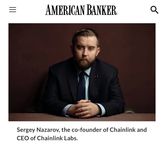 A portrait of Sergey Nazarov, co-founder of Chainlink and CEO of Chainlink Labs, featured in American Banker, accompanies a bullish $LINK price prediction of $81,000.