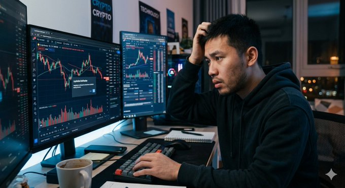 A man sits at a desk with multiple monitors displaying financial charts, with "CRYPTO" and "TECHNOLOGY" posters on the wall behind him.