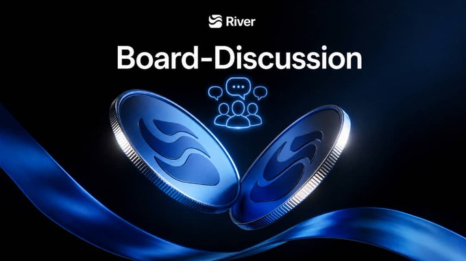 A promotional graphic for "Board-Discussion" featuring the River logo, with two blue coins floating and a discussion icon against a dark blue background.