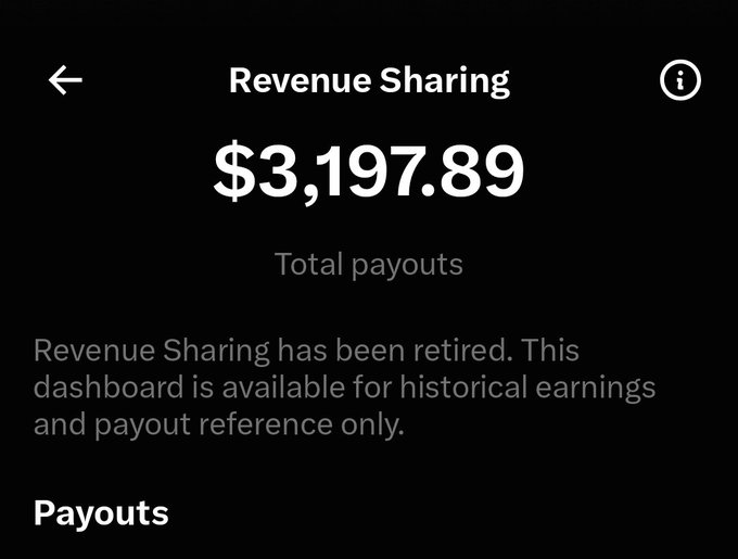 A mobile app screen titled 'Revenue Sharing' shows total payouts of $3,197.89, with a note that the program has been retired and the dashboard is for historical reference only.