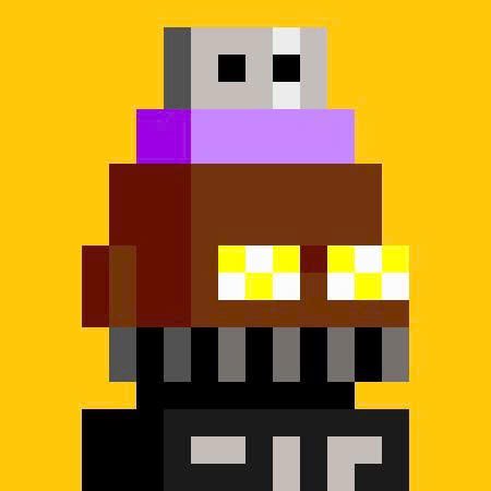 A pixel art style character on a yellow background, featuring a gray blocky head with two black eyes, a purple shirt, and a brown torso with yellow-checkered patterns.