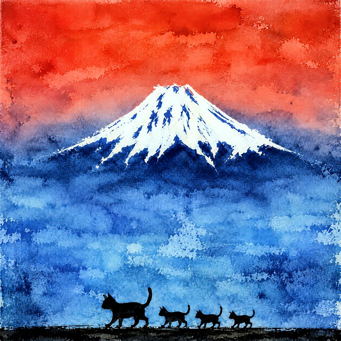 A watercolor painting shows a snow-capped Mount Fuji under a vibrant red sky, with the black silhouettes of four cats walking across the foreground.