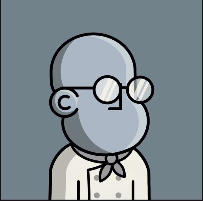The image features a cartoon-style character wearing glasses, a white shirt, and a tie with a scarf around their neck. The character appears to be a chef or a chef's assistant, as indicated by the presence of an oven in the background. The character is standing against a blue backdrop, which adds depth to the scene.

The post includes text that reads "This character looks like a certain Ct influencer Wonder why @npconchain are pumping hard ?" and "1/1 selling for 1ETH Well I swept now send it higher". This suggests that the character is being promoted or featured in an online advertisement, possibly related to cooking or food-related content.
