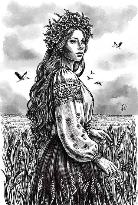 A black and white illustration of a woman with long hair wearing a floral crown and an embroidered blouse, standing in a wheat field with birds flying around her.