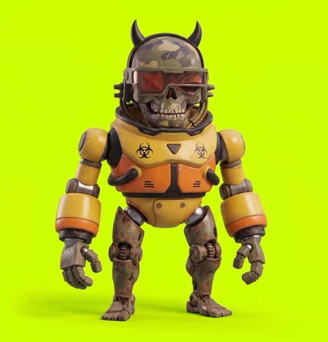 3D render of a yellow and orange robotic figure with a skull face, wearing a camouflage helmet with horns and biohazard symbols on its chest armor, against a bright green background.