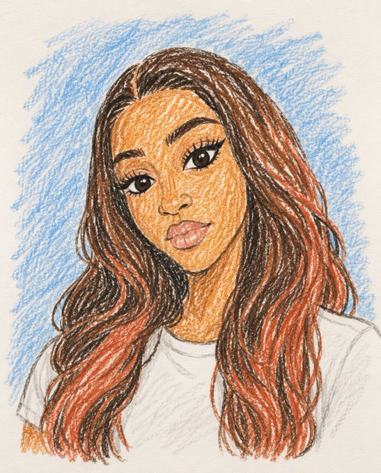 A colored pencil sketch portrait of a young woman with long wavy brown hair against a blue shaded background.