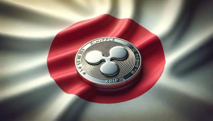 A silver XRP cryptocurrency coin rests atop a stylized, rippling Japanese flag, linking the Ripple token to Japan amid a flood of bullish price predictions. The text "XRIP" appears on the coin's edge, symbolizing the crypto's expanding role in the Japanese market.