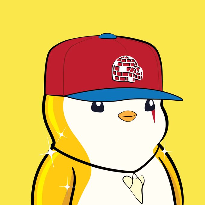 A cartoon illustration of a penguin wearing a red and blue baseball cap with an igloo logo, featuring blonde hair and red streaks under its eyes on a yellow background.