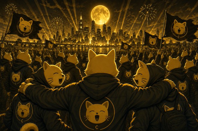 A crowd of cat figures in hoodies with linked arms face a glowing city skyline under a full moon, with flags bearing cat logos and "C" emblems waving in the air. The triumphant, rally-style artwork mirrors the post's bullish pitch for cat-themed Solana memecoins $CATE and $CATCOIN (CA: AVMC7fAD7UqE4SRTdXGeHY3jJE7H5WPSsa4g5xqcpump), framing them as a unifying movement poised for a $100M market cap.