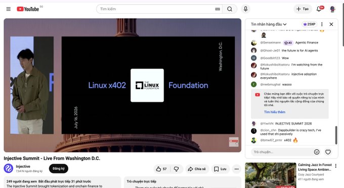 A YouTube screenshot of the 'Injective Summit - Live From Washington D.C.' video by Injective, showing a presenter on stage with Linux x402 Foundation branding and live chat comments in Vietnamese.