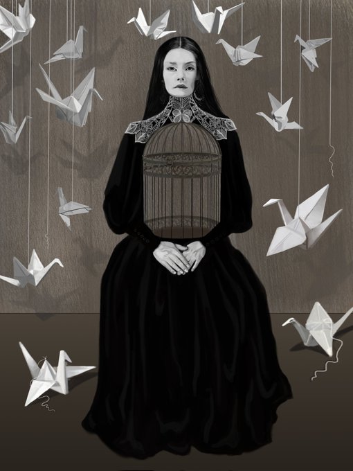A black-and-white digital artwork featuring a woman in an ornate Victorian-style black gown, with a delicate empty birdcage positioned over her chest, surrounded by suspended paper origami cranes against a muted wall. The piece, titled "The Unflown," visually echoes the post's themes of captivity and unfulfilled flight, complementing the "2/2" edition, 36 XTZ price, and @objktcom listing details.