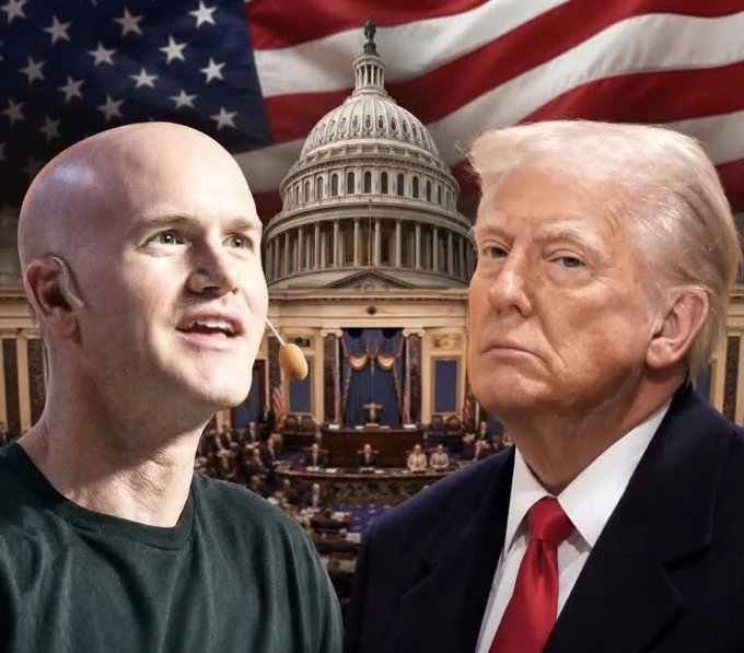 This image shows Coinbase CEO Brian Armstrong and Donald Trump in front of the US Capitol building, likely symbolizing Armstrong's call for political support for cryptocurrency legislation. The image visually represents the call to action mentioned in the post, connecting cryptocurrency advocacy with US political institutions.