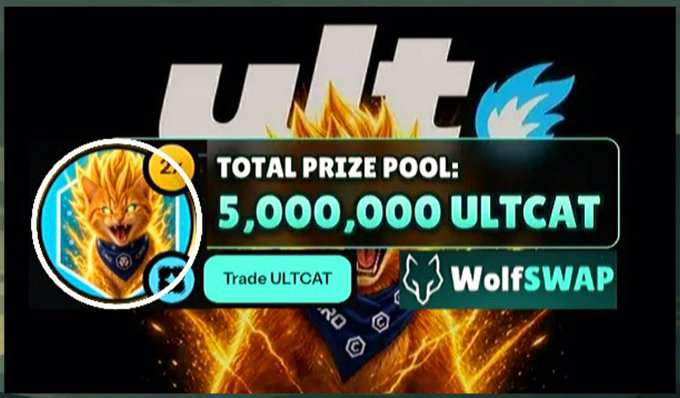 A promotional graphic features a fiery wolf character and announces a 'TOTAL PRIZE POOL: 5,000,000 ULTCAT' with 'Trade ULTCAT' and 'WolfSWAP' branding against a black background.
