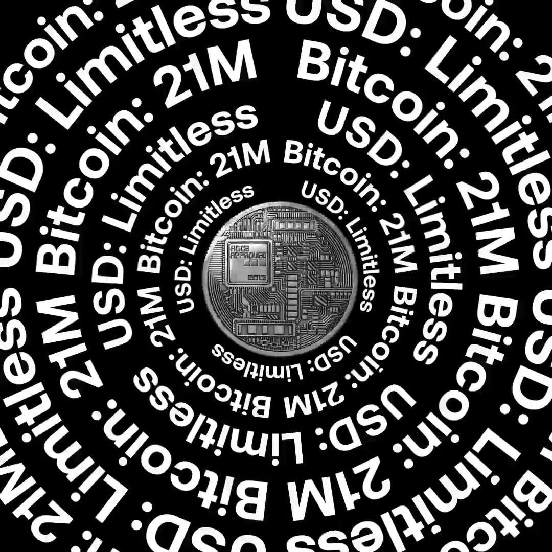 A silver Bitcoin coin with a circuit board design sits at the center, surrounded by concentric circles of repeating text reading "Bitcoin: USD: Limitless 21M" against a black background.