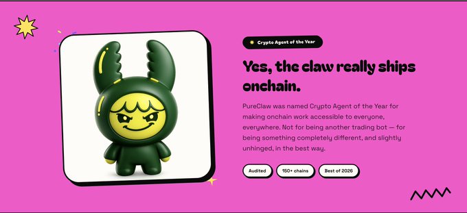 The image features a cartoon character, likely a toy or figurine, dressed in a green outfit with yellow accents such as a hat and scarf. The main focus of this scene is on the claw, which has a face and appears to be awake. Surrounding the claw are various text elements that provide context for its actions and the overall theme of the image. The phrase "yes" indicates that the claw is described in a positive manner or represents an AI trading agent's ability, while phrases like "the claw really ships", "awake", and "it grips. you type. it executes." describe specific aspects of the character's attributes. A few words also hint at a possible connection to Solana, a cryptocurrency platform. The image provides enough context for viewers to understand the cartoon character and its actions within the given theme.