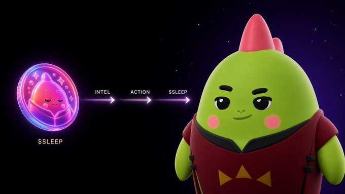 A green cartoon character wearing a red outfit stands next to a glowing $SLEEP coin with arrows pointing to "INTEL", "ACTION", and "$SLEEP" labels.