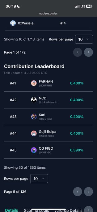 A NuCluus contribution leaderboard shows rankings #41-#45, including contributors like FARHAN (@KHFRHN) and NCD (@Jokerberrrnn), last updated 4 Jul 05:00 UTC.