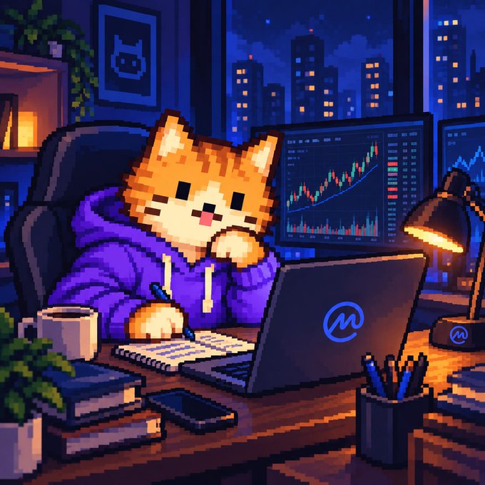 A pixel art illustration of an orange cat wearing a purple hoodie, sitting at a desk and working on a laptop marked with an 'M' logo, with trading charts visible on monitors in the background.