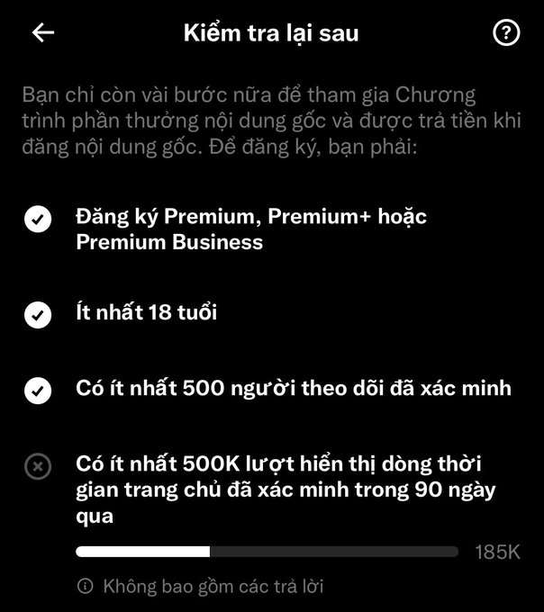 A Vietnamese-language app screenshot titled 'Kiểm tra lại sau' (Check back later) shows requirements for a creator reward program, with checkmarks completed for Premium subscription, age 18+, and 500 verified followers, while 500K views in 90 days remains incomplete (185K progress shown).