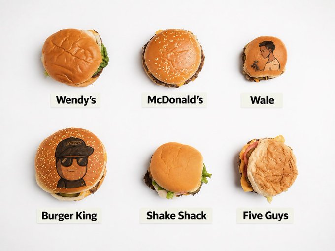 A comparison chart of fast-food burgers labeled Wendy's, McDonald's, Wale (with a drawing of the rapper on the bun), Burger King (with a cartoon face on the bun), Shake Shack, and Five Guys.