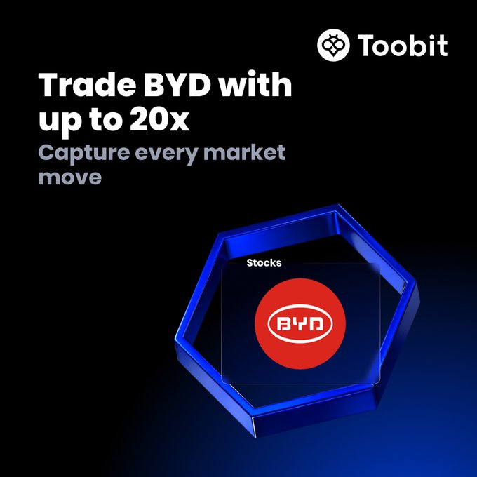 A promotional graphic from Toobit announcing the listing of BYD stock futures, featuring the headline "Trade BYD with up to 20x — Capture every market move" alongside a glowing blue hexagonal display showcasing the BYD logo under a "Stocks" label, reinforcing the 20x leverage trading opportunity mentioned in the accompanying post.