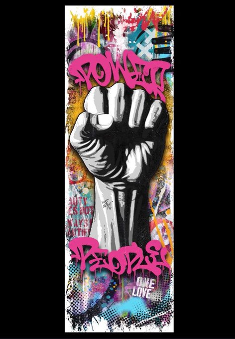The image features a poster with a hand raised, which has been altered into an art piece using graffiti-style lettering. The poster reads "Power To People" and includes the words "Make Love" below the hand. The background of the poster is black, but there are pink and blue elements that add to its overall design.