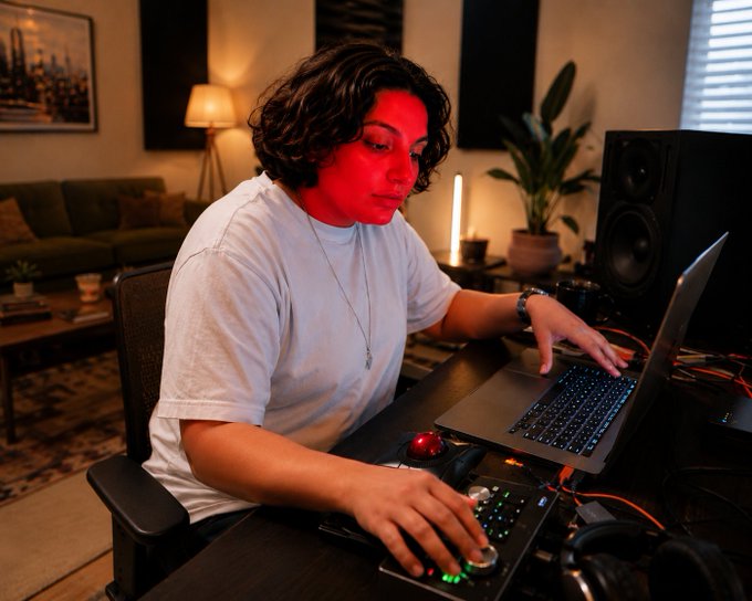 A young man with dark wavy hair works intently at a desk with a laptop, his face illuminated by a striking red light, with a studio monitor speaker visible in the background.