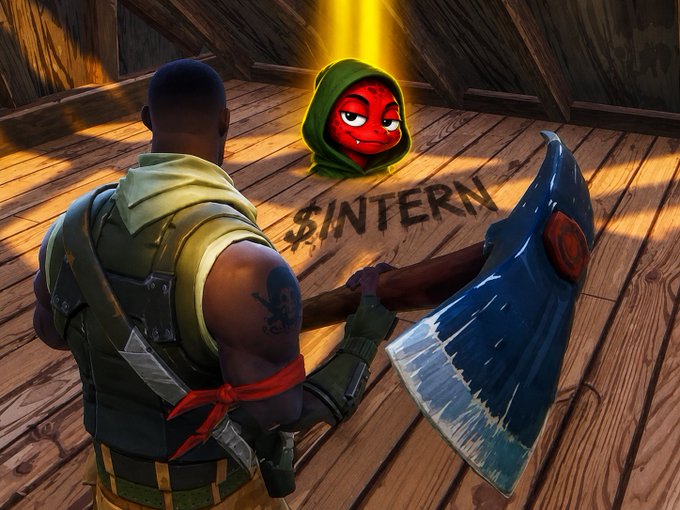 A video game character holding an axe stands before a glowing red Pepe the Frog in a green hood, with the text "$INTERN" on the wooden floor.
