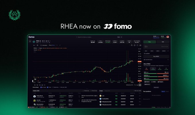 A promotional image showing a stock trading interface with the text "RHEA now on fomo" above it.