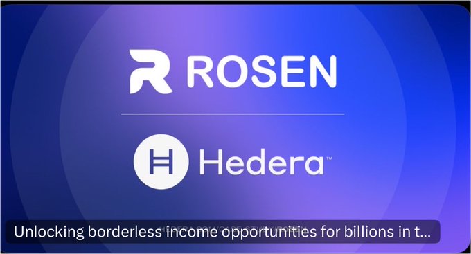 A blue graphic displaying logos for 'ROSEN' and 'Hedera' with the tagline 'Unlocking borderless income opportunities for billions in t...'
